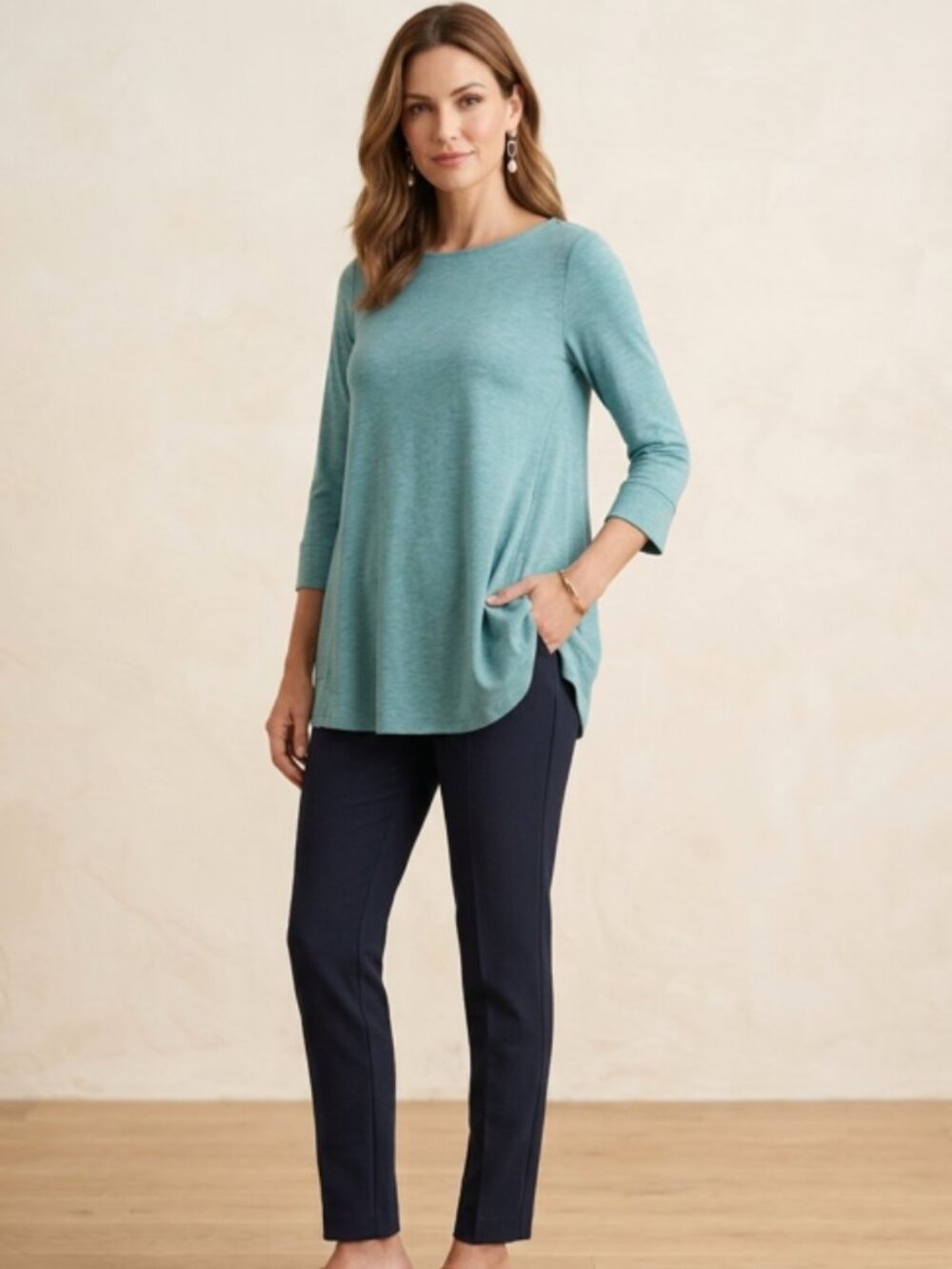 J JILL light turquoise blue 100% pima cotton boat neck tunic 3/4 sleeve top